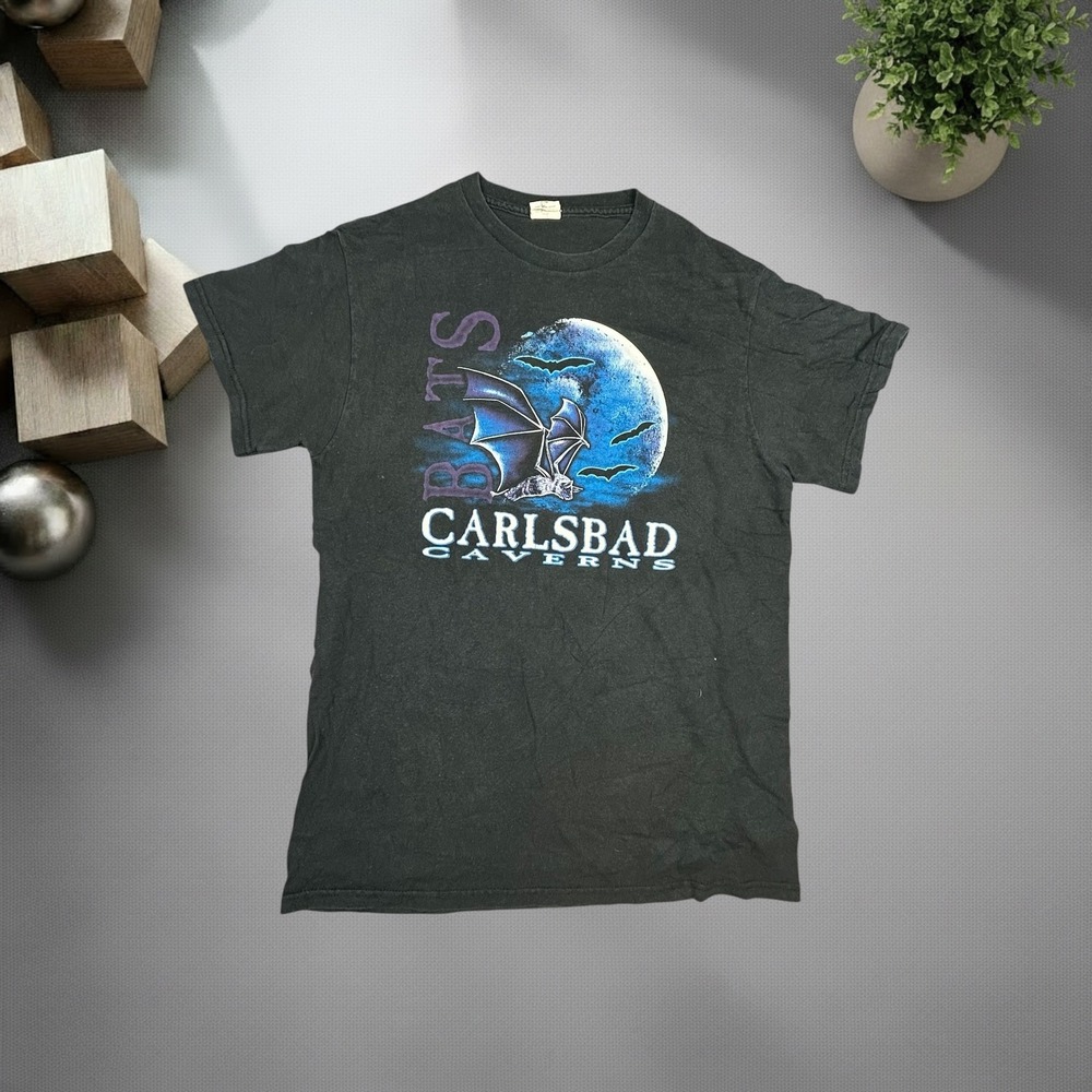 Vintage Y2K Carlsbad Caverns Bats Graphic T-Shirt Black Size M Moon Skater 1276